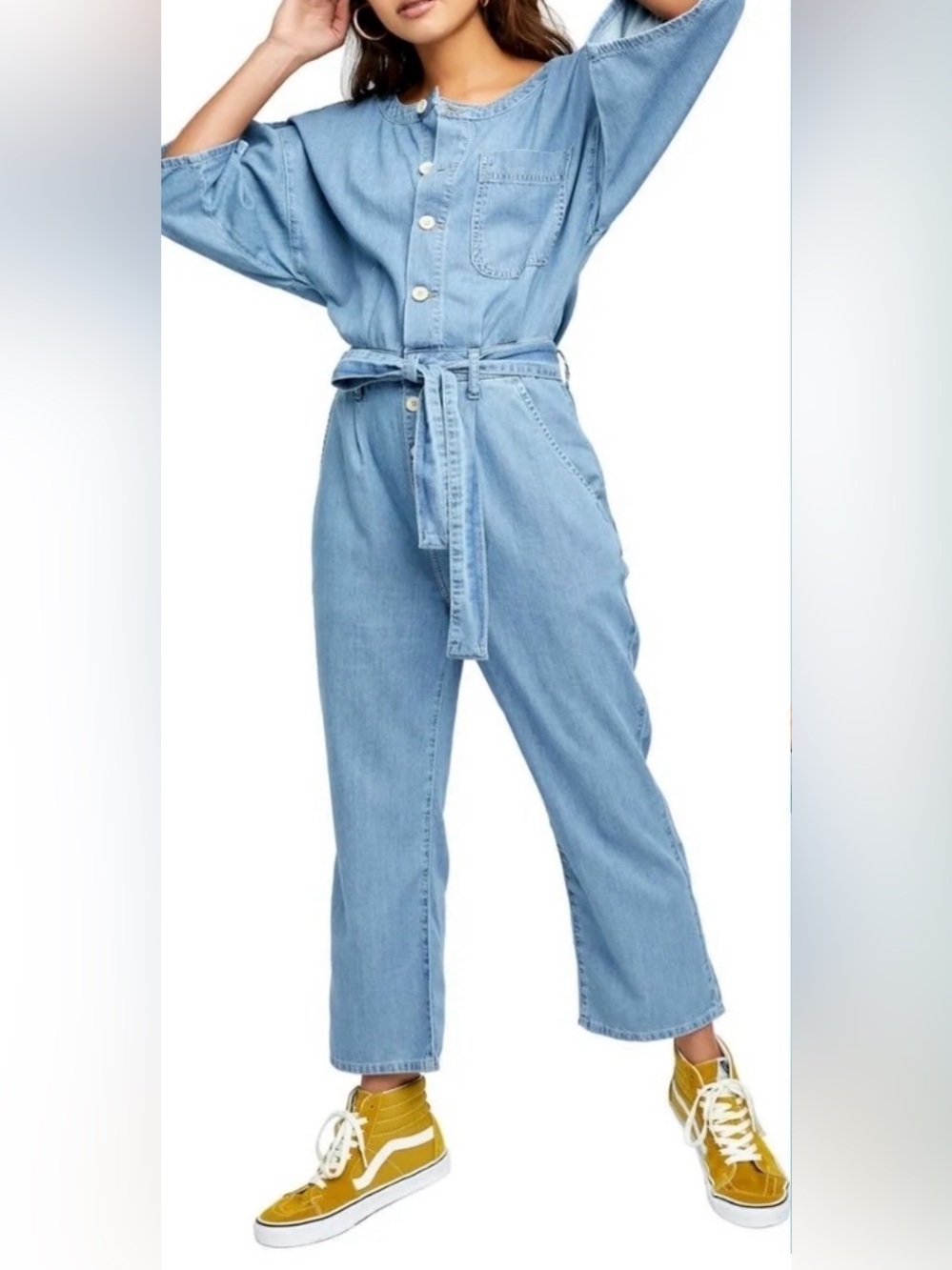 Free People Marley Denim Short-Sleeve Button-Front Jumpsuit -S- MSRP $128